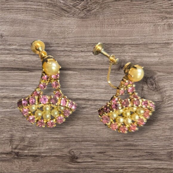 Vintage Screw Back Earrings With Pink & Cream Rhinestones Estate Dangle - Picture 1 of 8